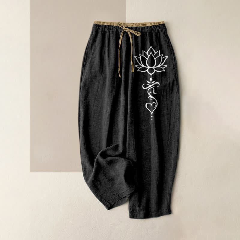 Buddha Stones Pantaloni da donna in puro cotone bianco con motivo a loto, elastico in vita e tasche. - Nero - US16, UK/AU20, EU48 (3XL) - image 0