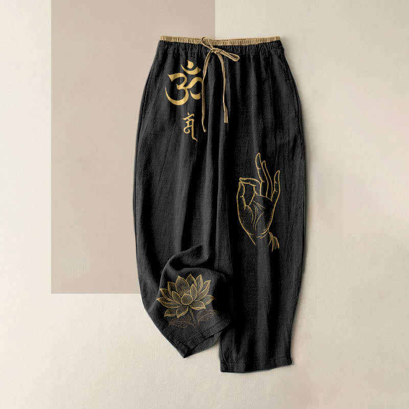 Buddha Stones Pantaloni da donna in puro cotone con elastico in vita e tasche, con motivo sacro Om Lotus e vita elasticizzata. - Nero - US16, UK/AU20, EU48 (3XL) - image 0