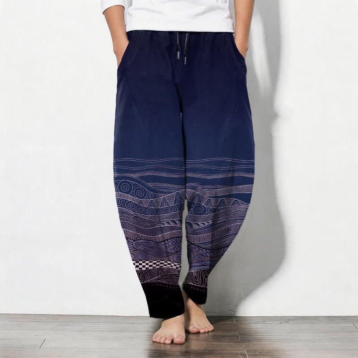 Buddha Stones Pantaloni da uomo affusolati in puro cotone con motivo a onde tribali e coulisse, con tasche. - Marina - US/UK/AU50, EU60 (5XL) - image 7