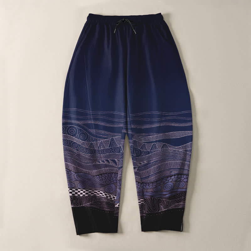 Buddha Stones Pantaloni da uomo affusolati in puro cotone con motivo a onde tribali e coulisse, con tasche. - image 9