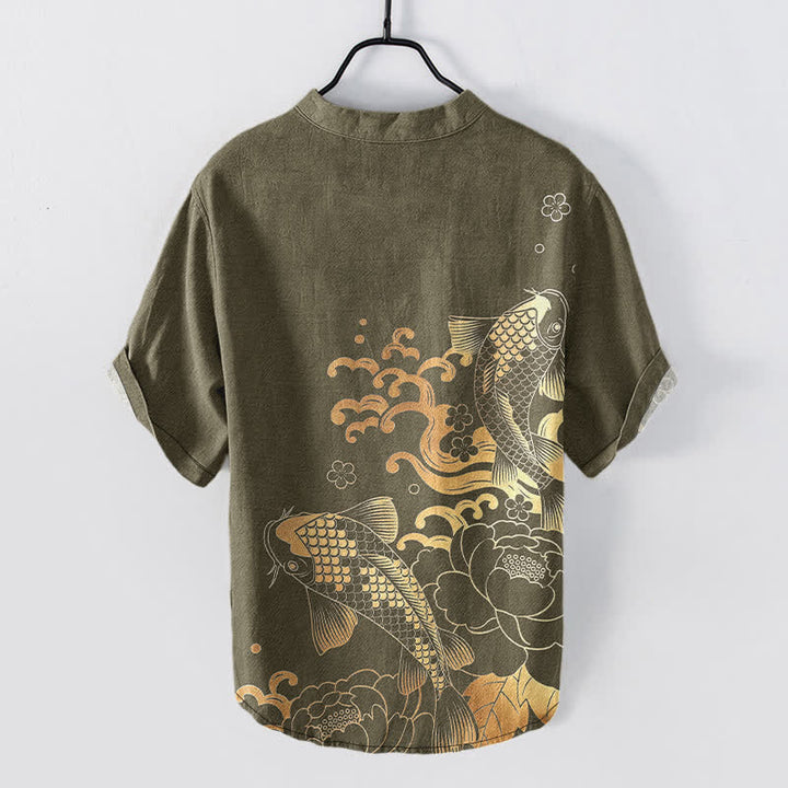 Buddha Stones Camicia da uomo a maniche corte con mezza abbottonatura, in cotone, con motivo di carpe koi e peonie. - image 1