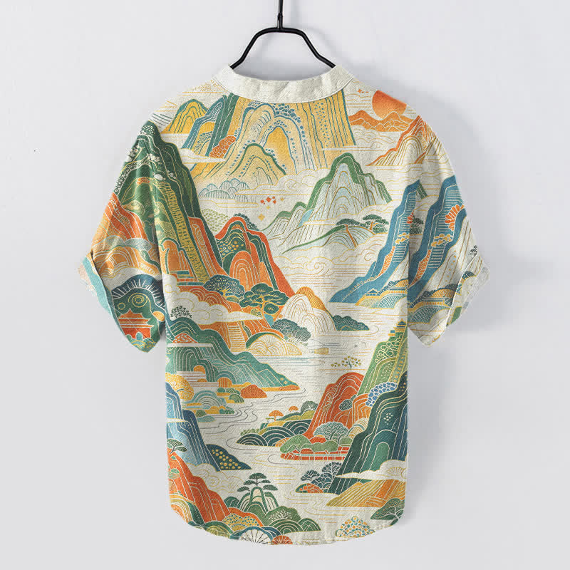 Buddha Stones Camicia da uomo a maniche corte con mezza abbottonatura, in cotone, con motivo astratto di paesaggio montano. - image 1