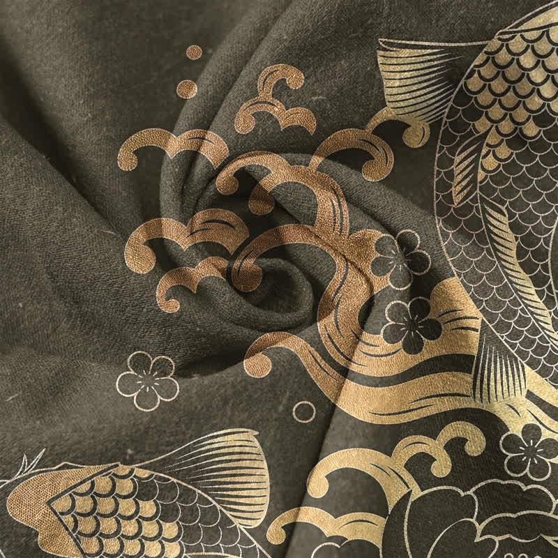 Buddha Stones Camicia da uomo a maniche corte con mezza abbottonatura, in cotone, con motivo di carpe koi e peonie. - image 4