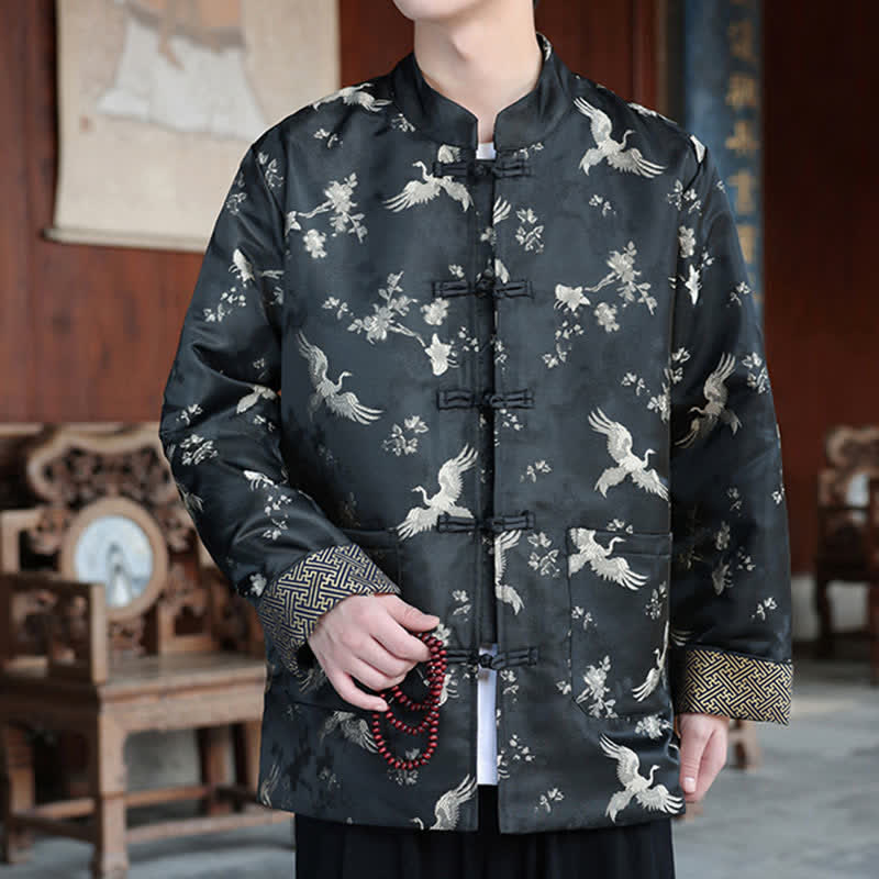 Buddha Stones Giacca da uomo autunno/inverno stile Tang vintage con colletto alla coreana e stampa gru, con tasche. - image 1