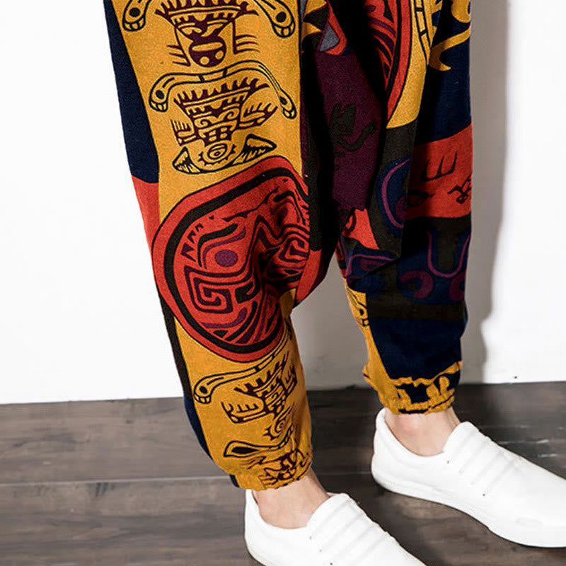 Pantaloni harem da uomo con tasche, stampa graffiti e uccelli, colore rosso e marrone con Buddha Stones. - image 11