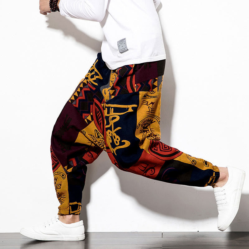 Pantaloni harem da uomo con tasche, stampa graffiti e uccelli, colore rosso e marrone con Buddha Stones. - image 6