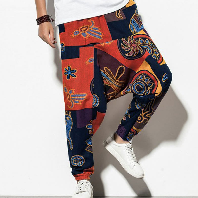 Pantaloni harem da uomo con tasche, stampa graffiti e uccelli, colore rosso e marrone con Buddha Stones. - Arancione scuro - US/UK/AU44，EU54 (5XL) - image 12
