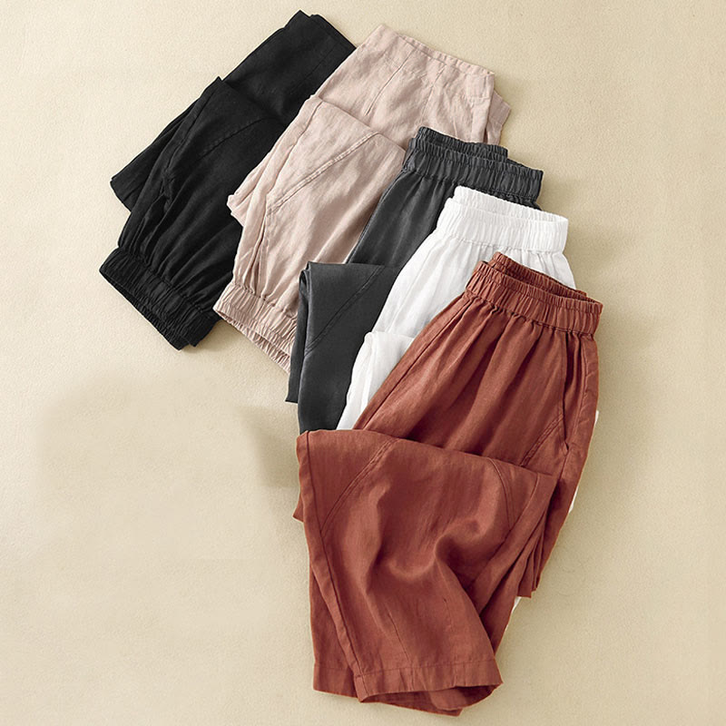 Pantaloni corti casual da donna con stampa Buddha Stones, modello harem con tasche - image 30