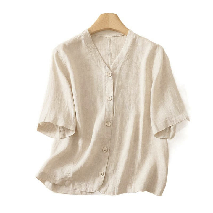 Camicia da donna a maniche corte con scollo a V e bottoni, tinta unita, con motivo Buddha Stones, ideale per l'estate. - image 13