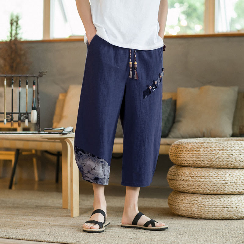 Buddha Stones Pantaloni Capri estivi casual vintage con coulisse e stampa floreale, pantaloni harem da uomo con tasca - Blu mezzanotte - US/UK/AU46, EU56 (5XL) - image 6