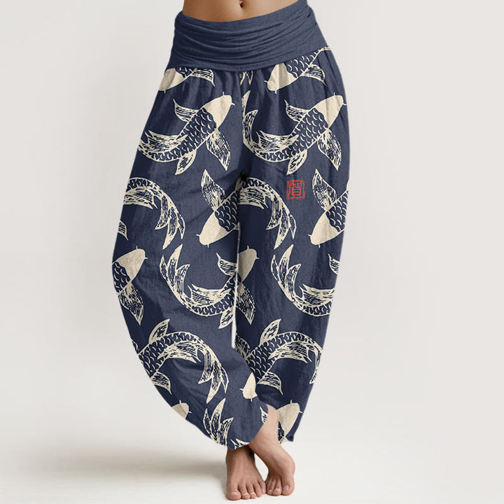 Pantaloni harem da donna con elastico in vita, in puro cotone, con motivo a pesci koi che nuotano, Buddha Stones - SteelBlue - US16, UK/AU20, EU48 (3XL) - image 0