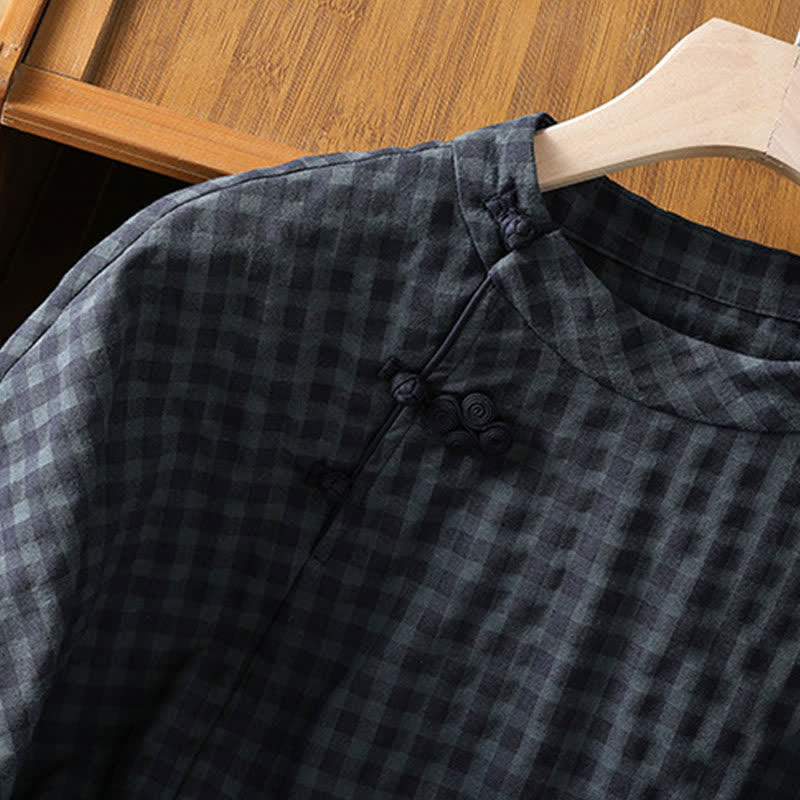 Camicia da donna a maniche a tre quarti, stile Tang, con colletto alla coreana e stampa Buddha Stones, casual, primavera/estate, a quadri neri. - image 5