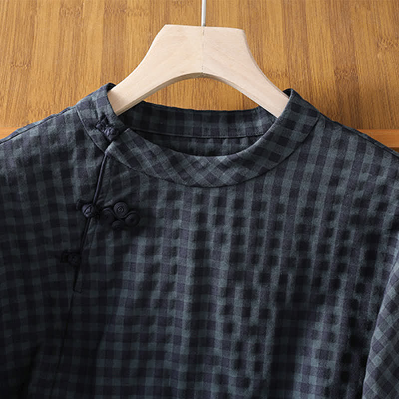 Camicia da donna a maniche a tre quarti, stile Tang, con colletto alla coreana e stampa Buddha Stones, casual, primavera/estate, a quadri neri. - image 3