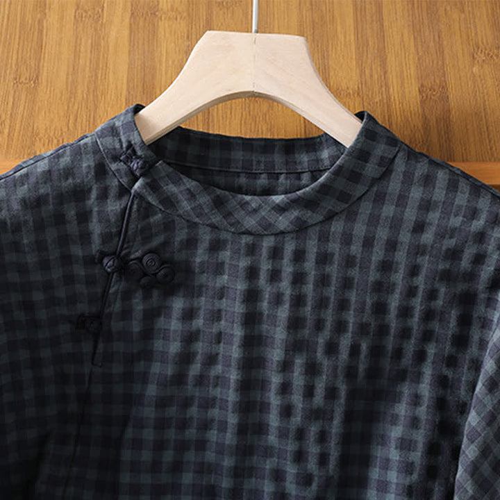 Camicia da donna a maniche a tre quarti, stile Tang, con colletto alla coreana e stampa Buddha Stones, casual, primavera/estate, a quadri neri. - image 3