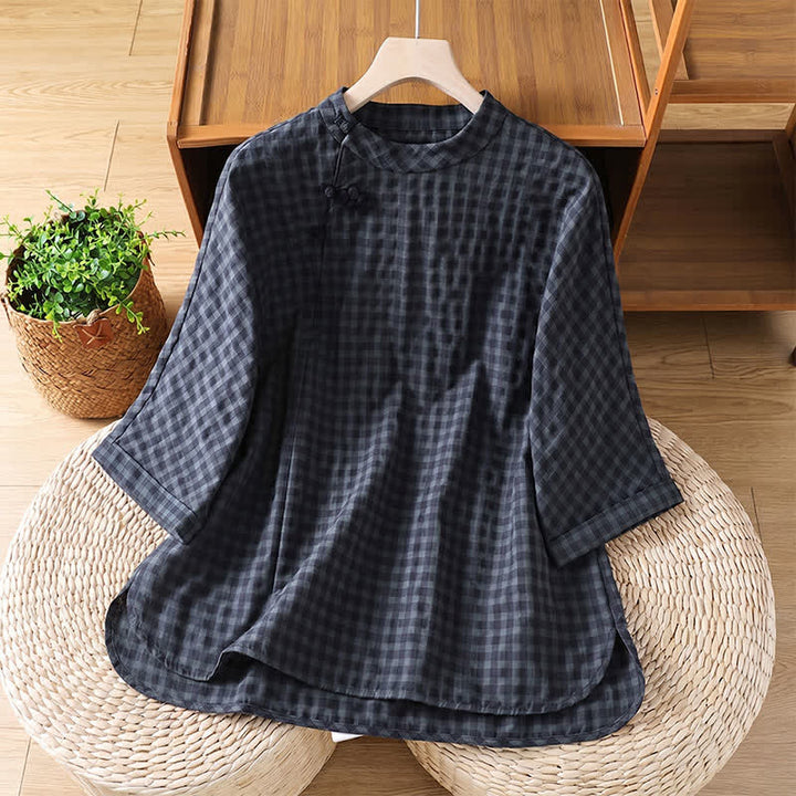 Camicia da donna a maniche a tre quarti, stile Tang, con colletto alla coreana e stampa Buddha Stones, casual, primavera/estate, a quadri neri. - Grigio ardesia scuro - US8-10, UK/AU12-14, EU40-42 (2XL) - image 0