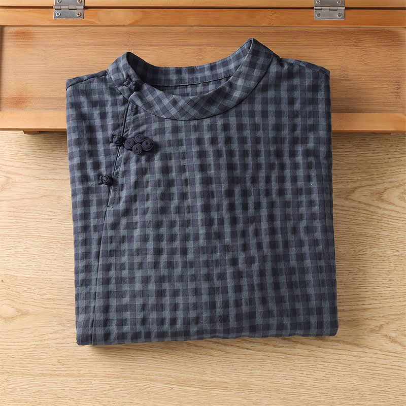 Camicia da donna a maniche a tre quarti, stile Tang, con colletto alla coreana e stampa Buddha Stones, casual, primavera/estate, a quadri neri. - image 2