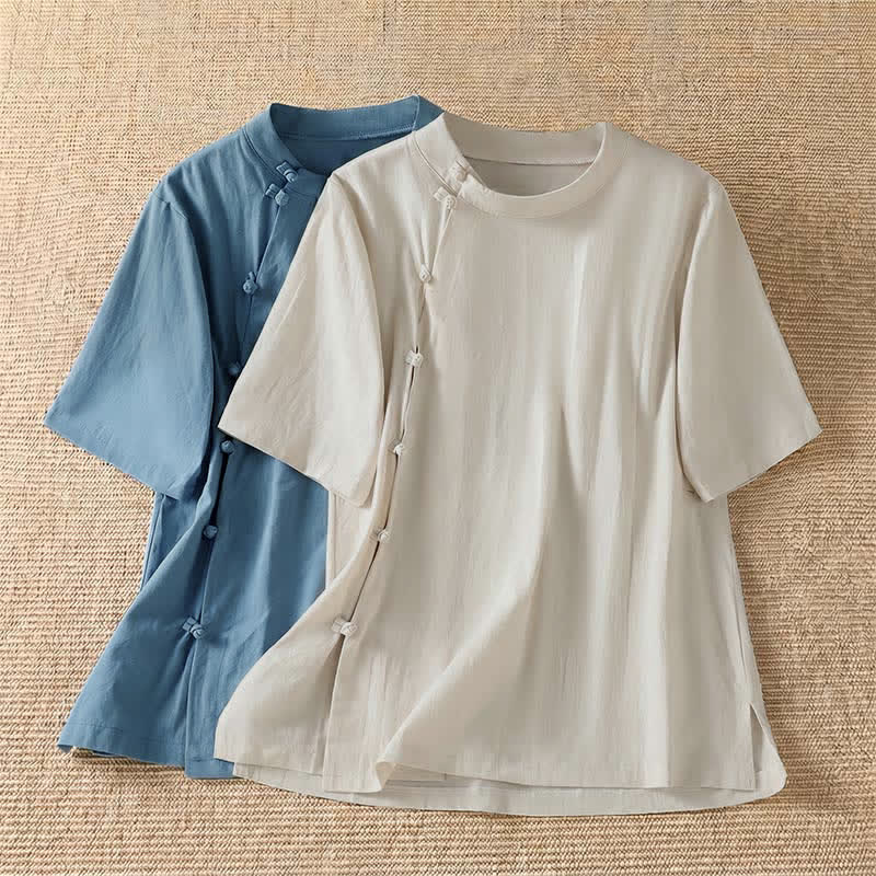 Buddha Stones Camicia da donna estiva casual a maniche corte con scollo rotondo e bottoni a rana, stile Tang. - image 14