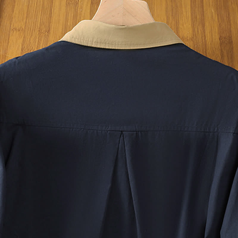 Buddha Stones Camicia da donna estiva casual minimalista a maniche lunghe con bordi a contrasto e tasca applicata. - image 3