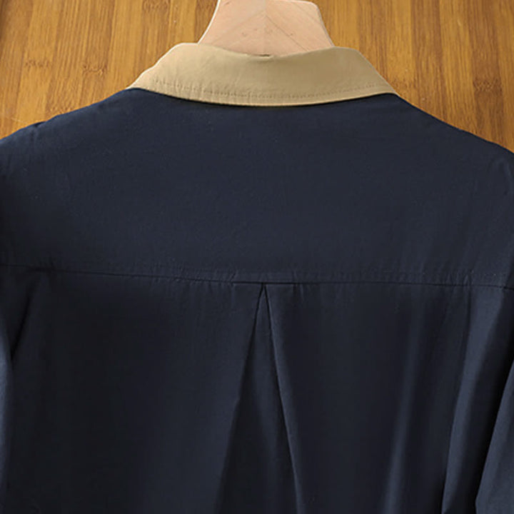 Buddha Stones Camicia da donna estiva casual minimalista a maniche lunghe con bordi a contrasto e tasca applicata. - image 3