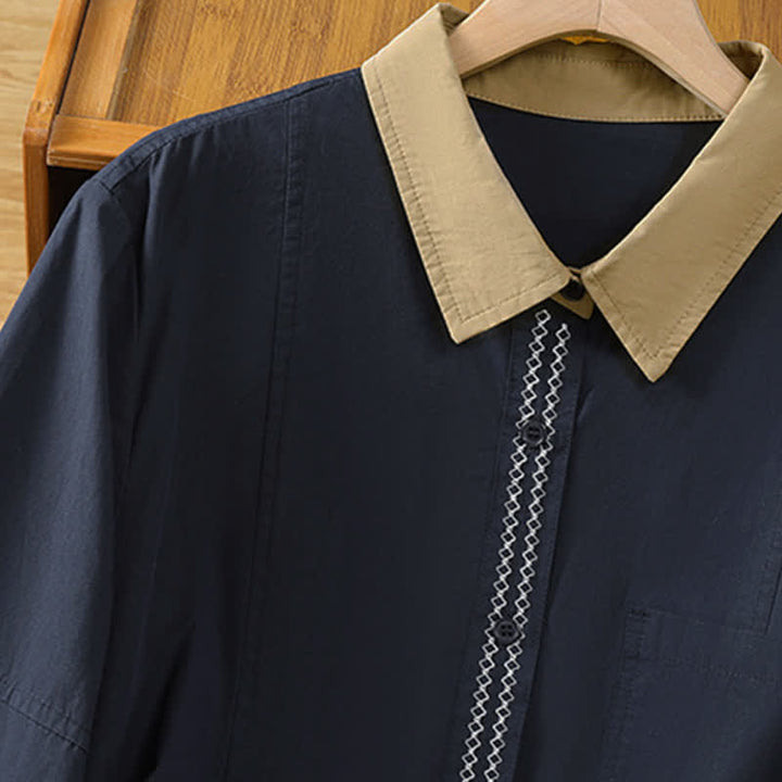 Buddha Stones Camicia da donna estiva casual minimalista a maniche lunghe con bordi a contrasto e tasca applicata. - image 5