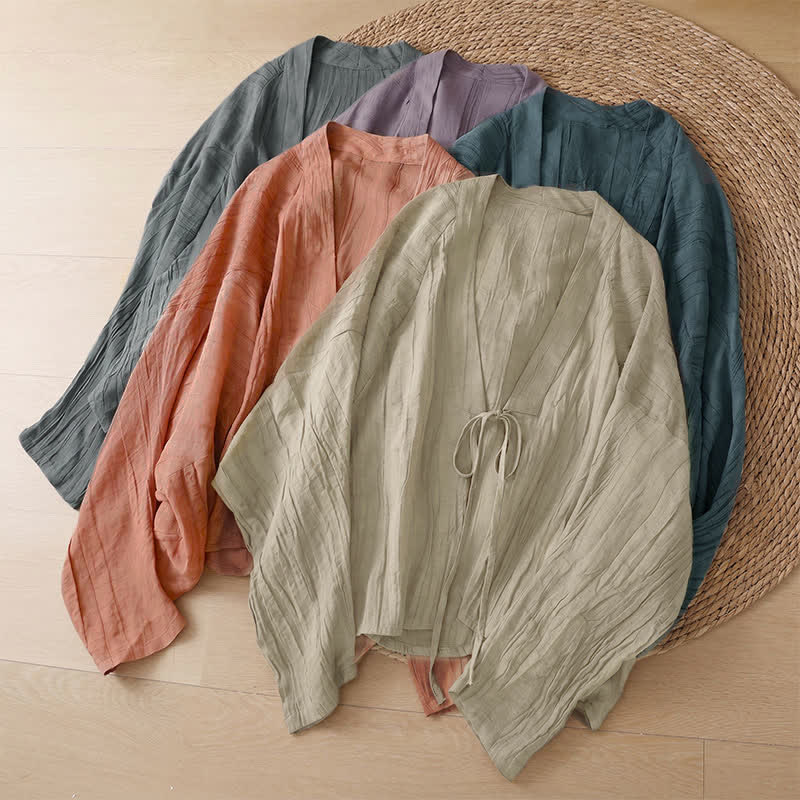 Buddha Stones Kimono estivo casual da donna in stile boho con pieghe e coulisse, tinta unita. - image 37