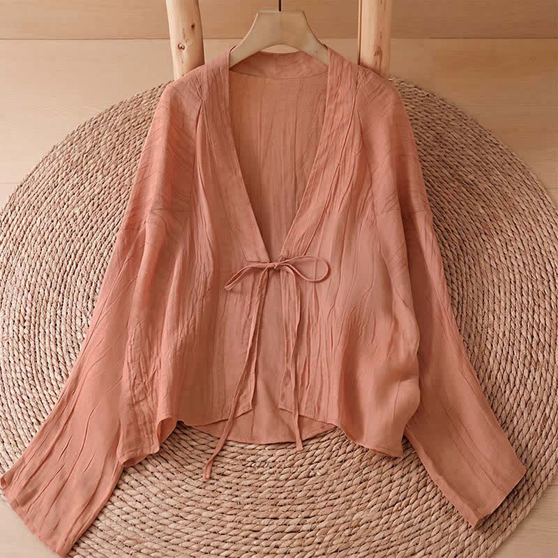 Buddha Stones Kimono estivo casual da donna in stile boho con pieghe e coulisse, tinta unita. - Salmone scuro - US14, UK/AU18, EU46 (2XL) - image 26