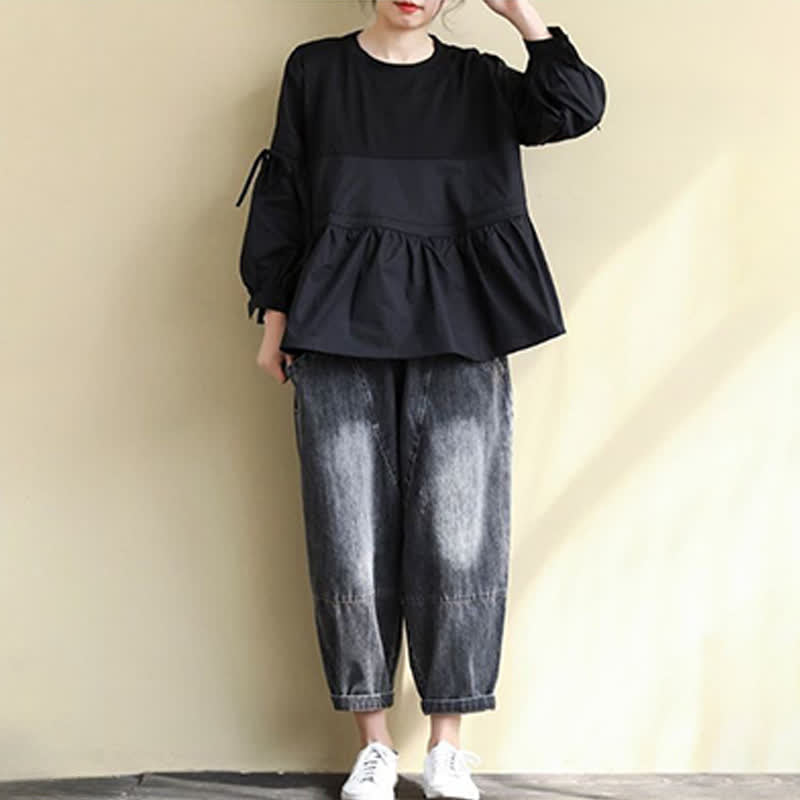 Buddha Stones T-shirt da donna a maniche lunghe, stile casual vintage, con scollo rotondo, orlo a peplo e coulisse, tinta unita, per primavera/autunno. - image 22