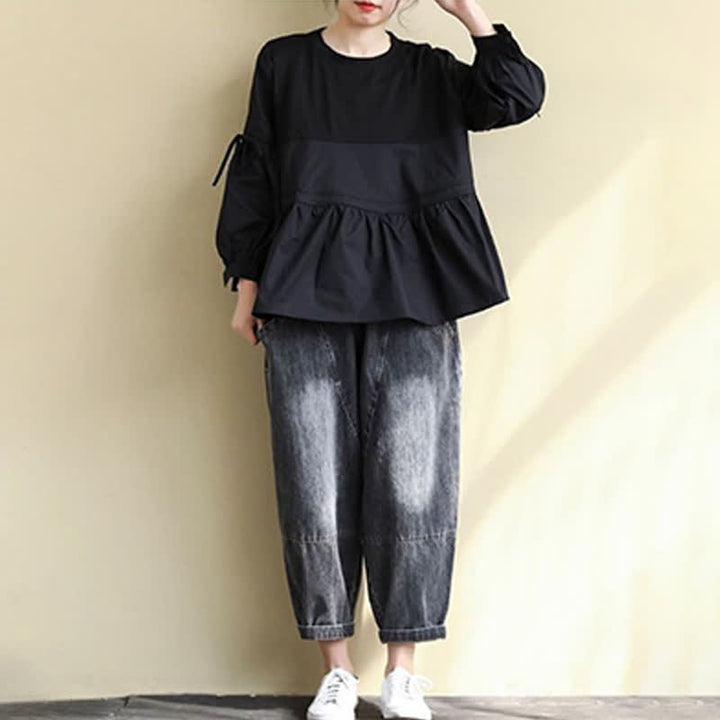 Buddha Stones T-shirt da donna a maniche lunghe, stile casual vintage, con scollo rotondo, orlo a peplo e coulisse, tinta unita, per primavera/autunno. - image 22