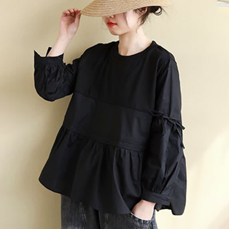 Buddha Stones T-shirt da donna a maniche lunghe, stile casual vintage, con scollo rotondo, orlo a peplo e coulisse, tinta unita, per primavera/autunno. - image 18