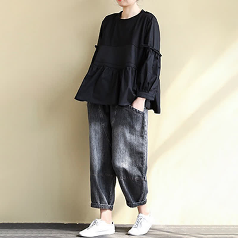Buddha Stones T-shirt da donna a maniche lunghe, stile casual vintage, con scollo rotondo, orlo a peplo e coulisse, tinta unita, per primavera/autunno. - image 23
