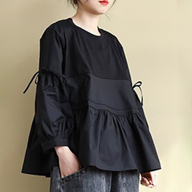 Buddha Stones T-shirt da donna a maniche lunghe, stile casual vintage, con scollo rotondo, orlo a peplo e coulisse, tinta unita, per primavera/autunno. - image 19