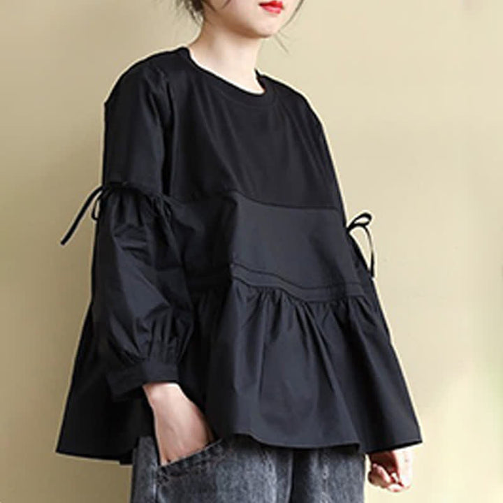 Buddha Stones T-shirt da donna a maniche lunghe, stile casual vintage, con scollo rotondo, orlo a peplo e coulisse, tinta unita, per primavera/autunno. - image 19
