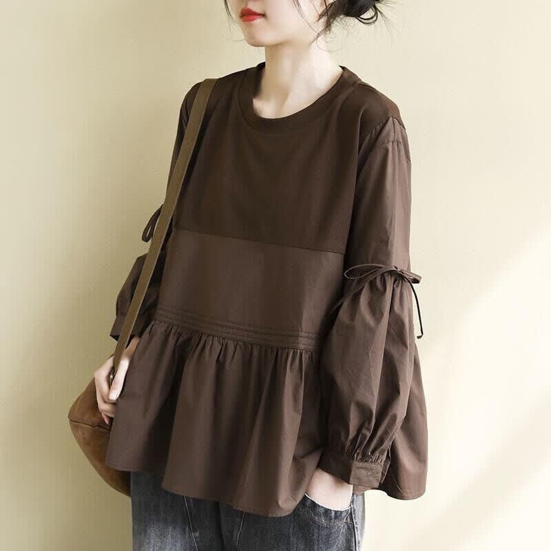 Buddha Stones T-shirt da donna a maniche lunghe, stile casual vintage, con scollo rotondo, orlo a peplo e coulisse, tinta unita, per primavera/autunno. - Marrone sella - US12, UK/AU16, EU44 (2XL) - image 0