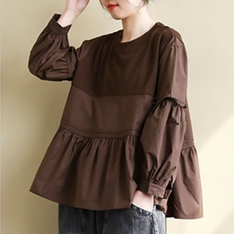 Buddha Stones T-shirt da donna a maniche lunghe, stile casual vintage, con scollo rotondo, orlo a peplo e coulisse, tinta unita, per primavera/autunno. - image 2