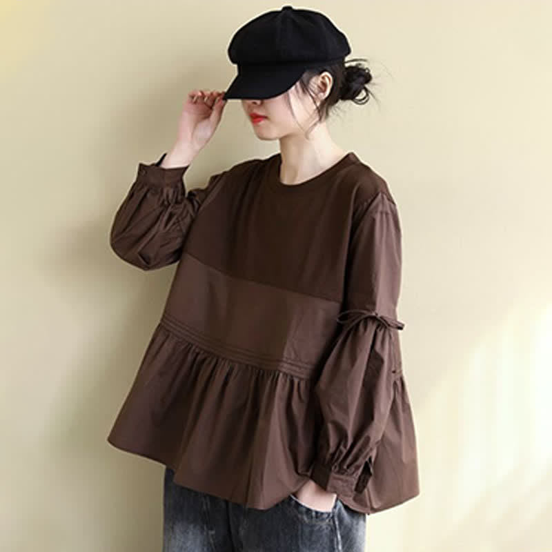 Buddha Stones T-shirt da donna a maniche lunghe, stile casual vintage, con scollo rotondo, orlo a peplo e coulisse, tinta unita, per primavera/autunno. - image 3