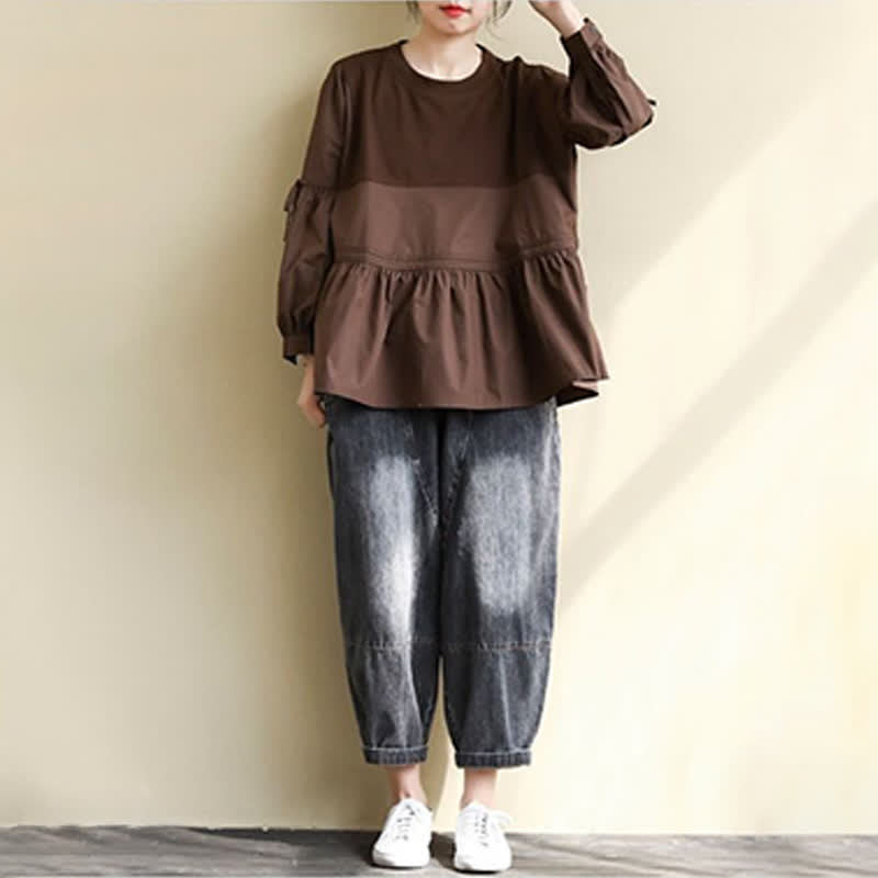 Buddha Stones T-shirt da donna a maniche lunghe, stile casual vintage, con scollo rotondo, orlo a peplo e coulisse, tinta unita, per primavera/autunno. - image 13