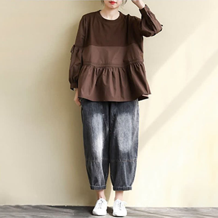 Buddha Stones T-shirt da donna a maniche lunghe, stile casual vintage, con scollo rotondo, orlo a peplo e coulisse, tinta unita, per primavera/autunno. - image 13
