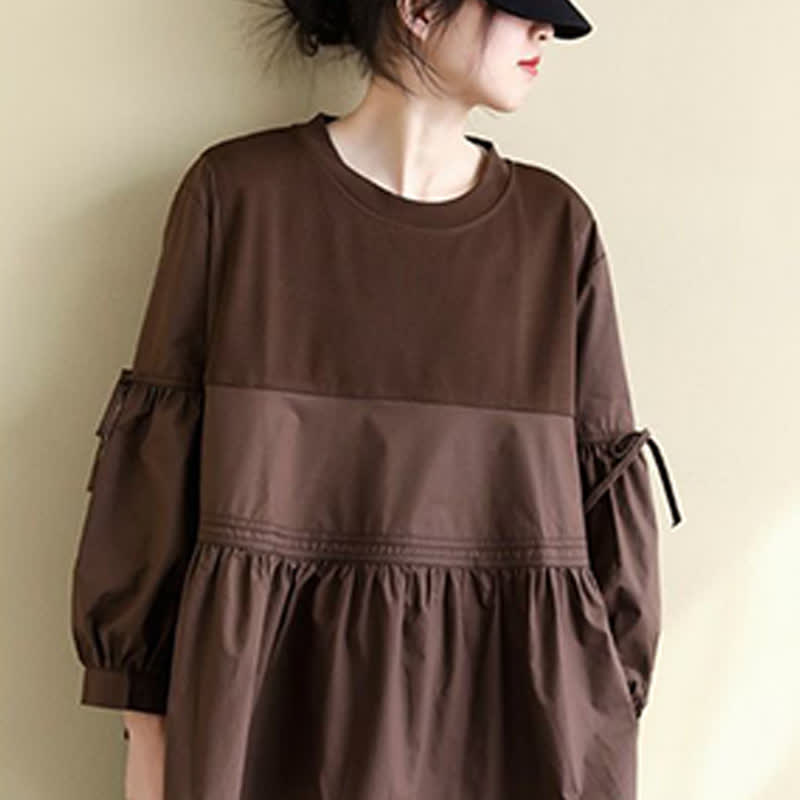 Buddha Stones T-shirt da donna a maniche lunghe, stile casual vintage, con scollo rotondo, orlo a peplo e coulisse, tinta unita, per primavera/autunno. - image 4