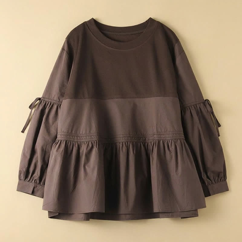 Buddha Stones T-shirt da donna a maniche lunghe, stile casual vintage, con scollo rotondo, orlo a peplo e coulisse, tinta unita, per primavera/autunno. - image 6