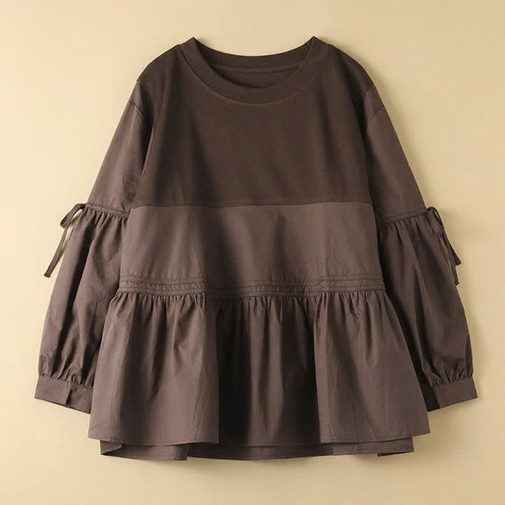 Buddha Stones T-shirt da donna a maniche lunghe, stile casual vintage, con scollo rotondo, orlo a peplo e coulisse, tinta unita, per primavera/autunno. - image 6