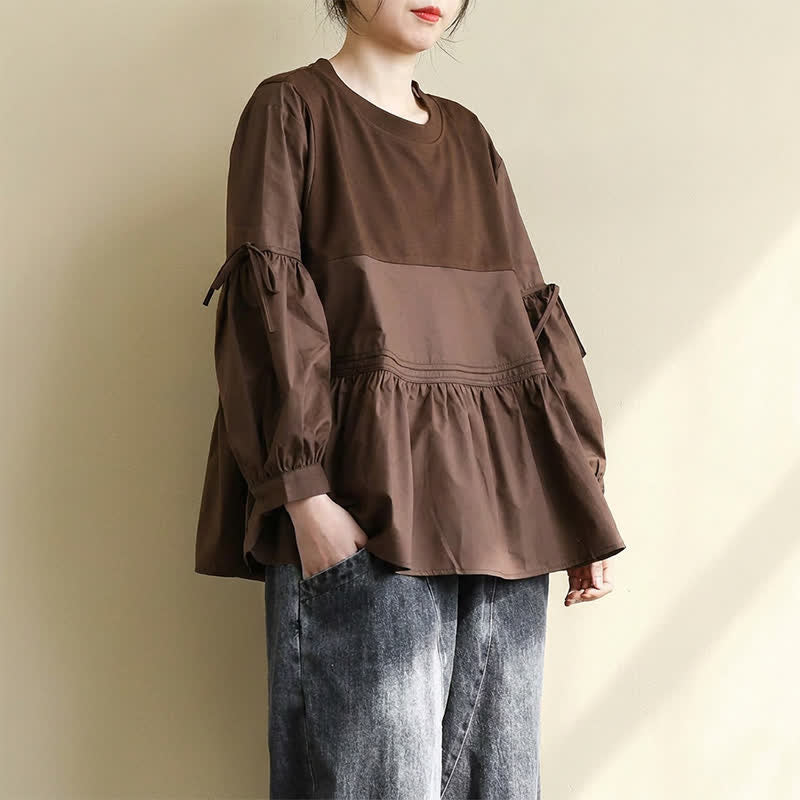 Buddha Stones T-shirt da donna a maniche lunghe, stile casual vintage, con scollo rotondo, orlo a peplo e coulisse, tinta unita, per primavera/autunno. - image 12
