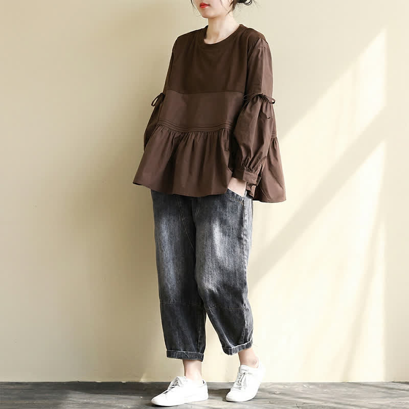 Buddha Stones T-shirt da donna a maniche lunghe, stile casual vintage, con scollo rotondo, orlo a peplo e coulisse, tinta unita, per primavera/autunno. - image 15