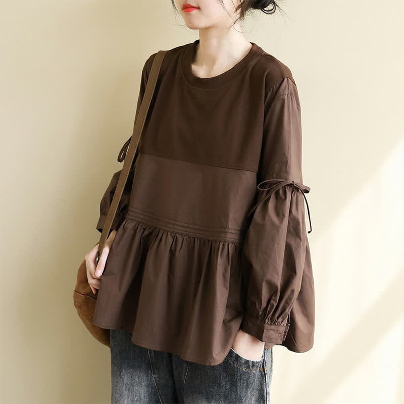 Buddha Stones T-shirt da donna a maniche lunghe, stile casual vintage, con scollo rotondo, orlo a peplo e coulisse, tinta unita, per primavera/autunno. - image 5