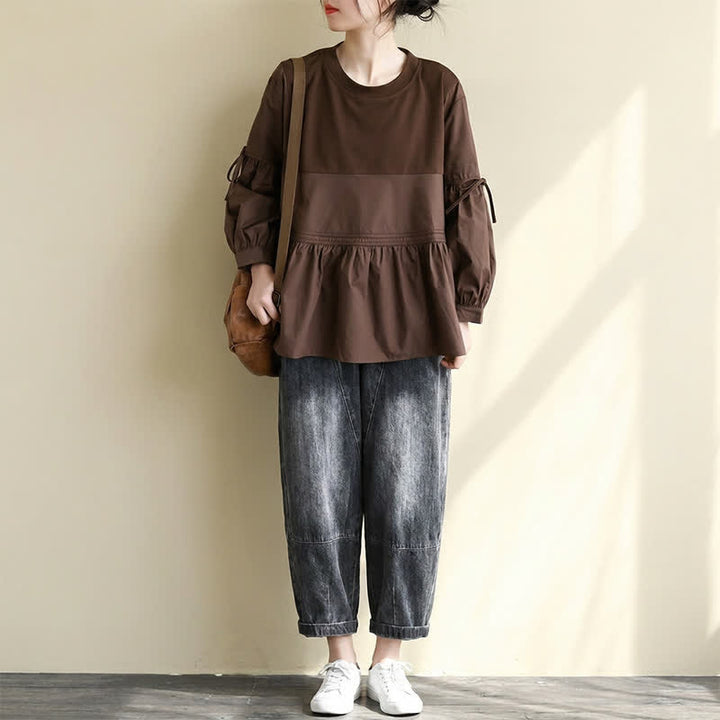 Buddha Stones T-shirt da donna a maniche lunghe, stile casual vintage, con scollo rotondo, orlo a peplo e coulisse, tinta unita, per primavera/autunno. - image 14
