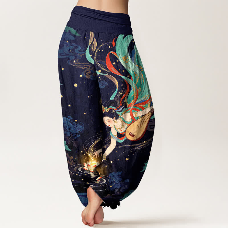Buddha Stones Pantaloni harem da donna in cotone con motivo "Musicista Celeste e Loto" e vita elasticizzata. - image 7