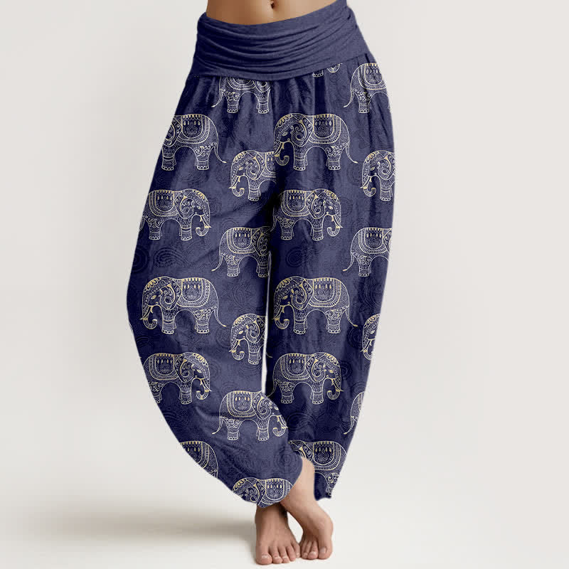 Buddha Stones Pantaloni harem da donna in cotone con fantasia a elefanti bianchi e elastico in vita. - Marina - US16, UK/AU20, EU48 (3XL) - image 0