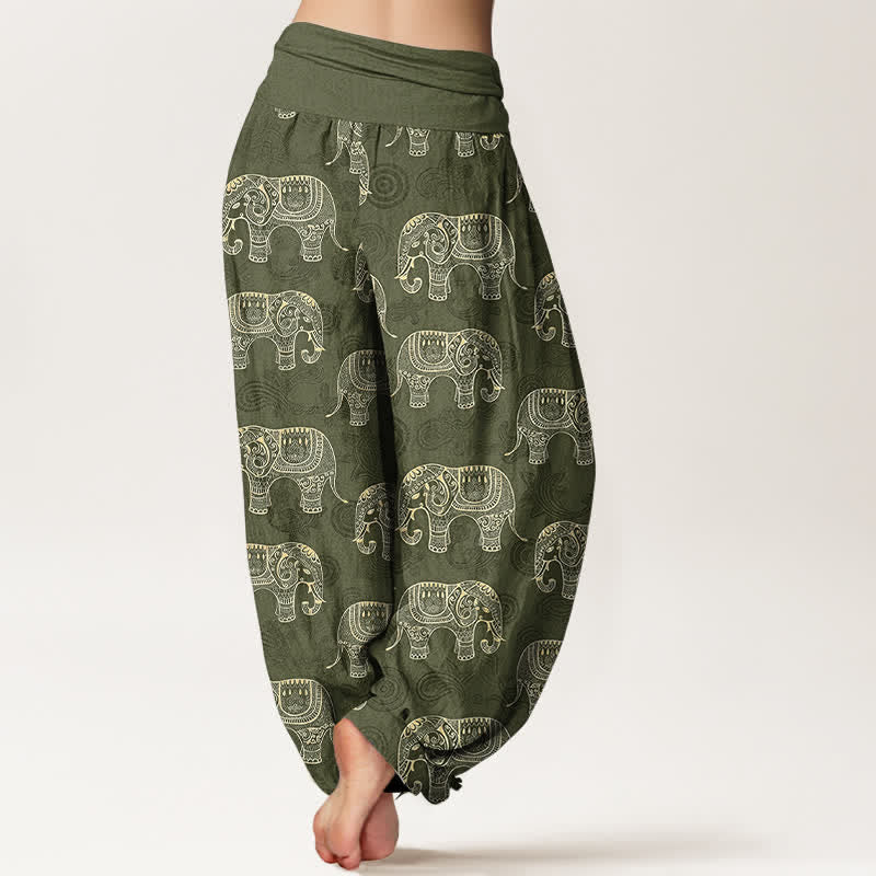 Buddha Stones Pantaloni harem da donna in cotone con fantasia a elefanti bianchi e elastico in vita. - image 7