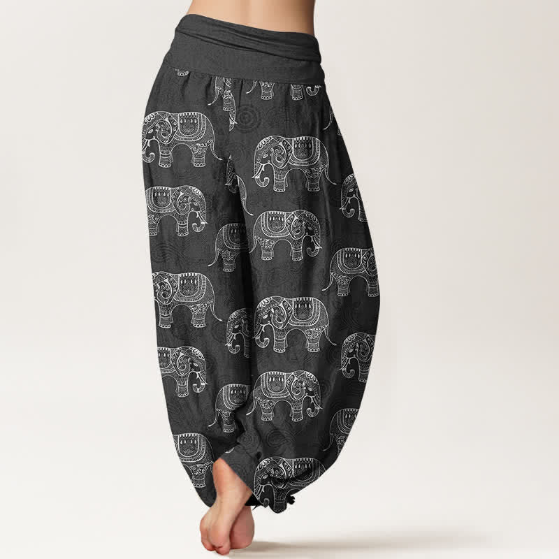 Buddha Stones Pantaloni harem da donna in cotone con fantasia a elefanti bianchi e elastico in vita. - image 10
