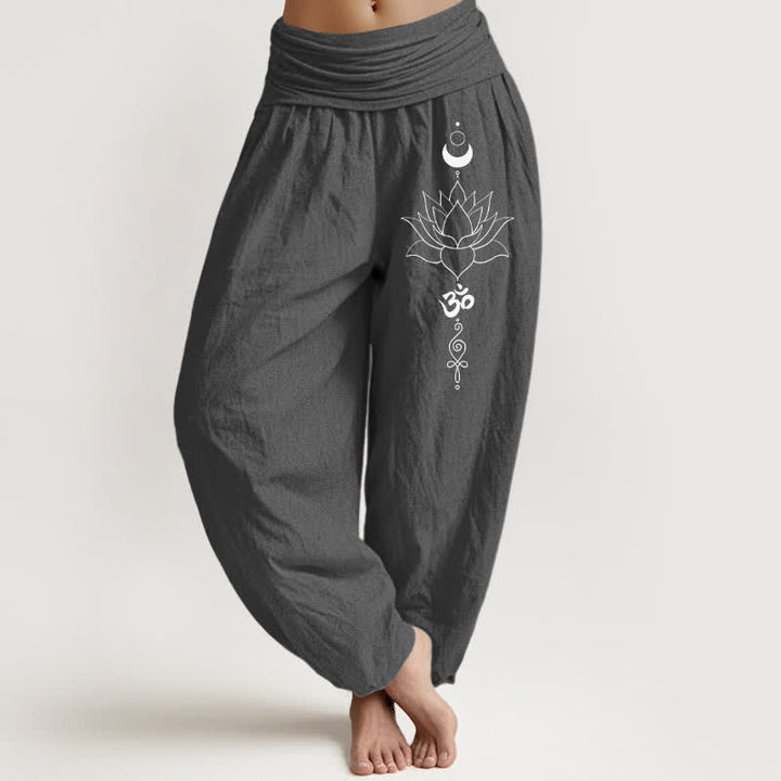 Buddha Stones Pantaloni harem da donna in puro cotone con motivo loto, luna e Om, con elastico in vita. - Grigio tenue - US16, UK/AU20, EU48 (3XL) - image 11