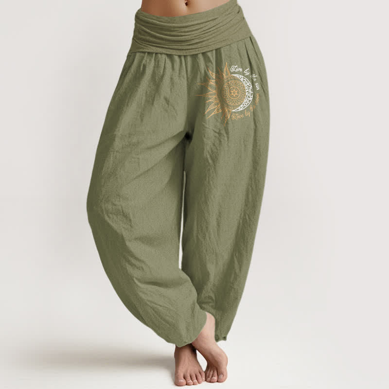 Buddha Stones Pantaloni harem da donna in puro cotone con motivo mandala sole lunare e vita elasticizzata. - Verde oliva - US16, UK/AU20, EU48 (3XL) - image 14